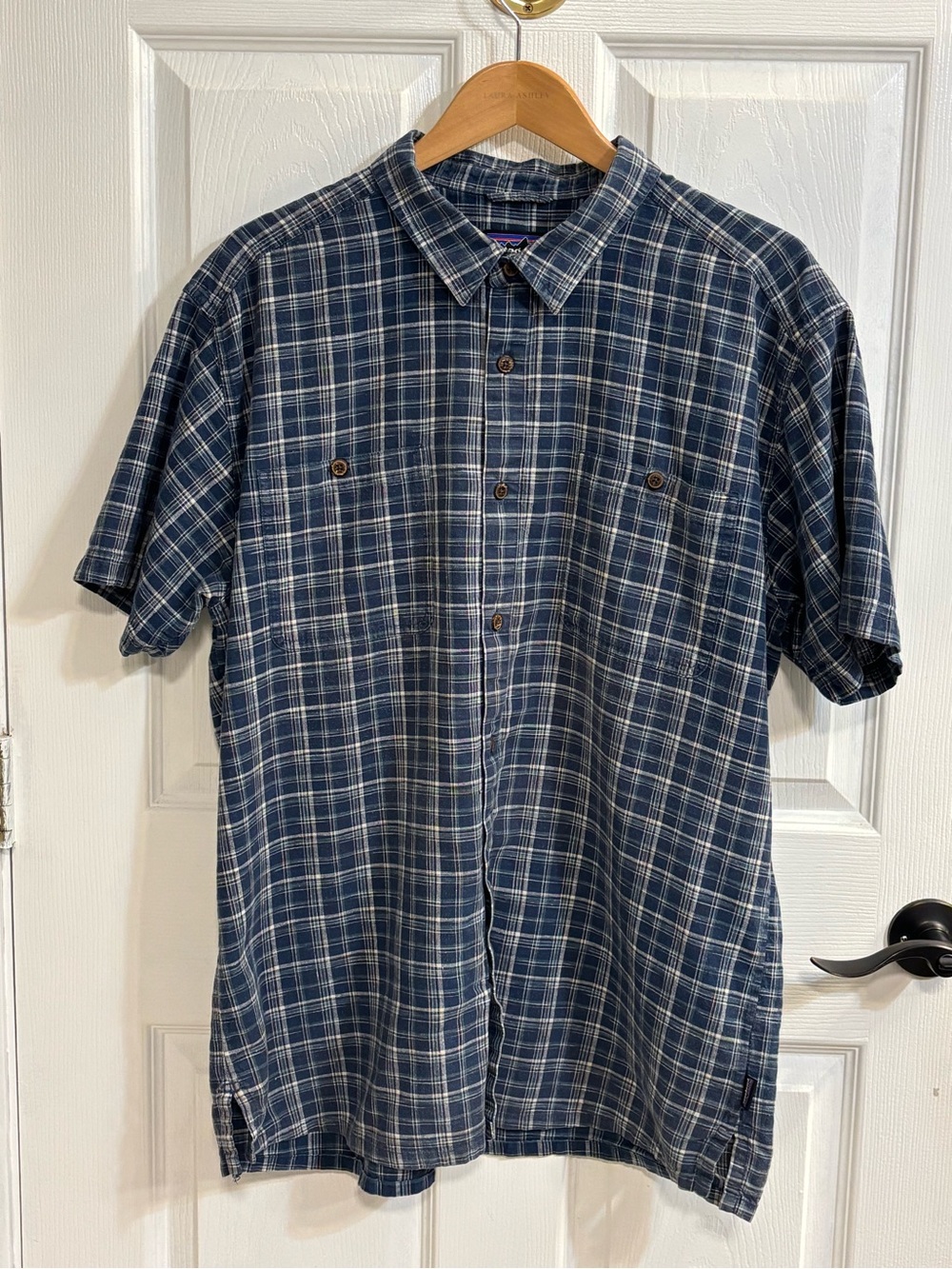 Patagonia Fjord Shirt Mens XL Blue Plaid Hemp Organic Cotton Short Sleeve